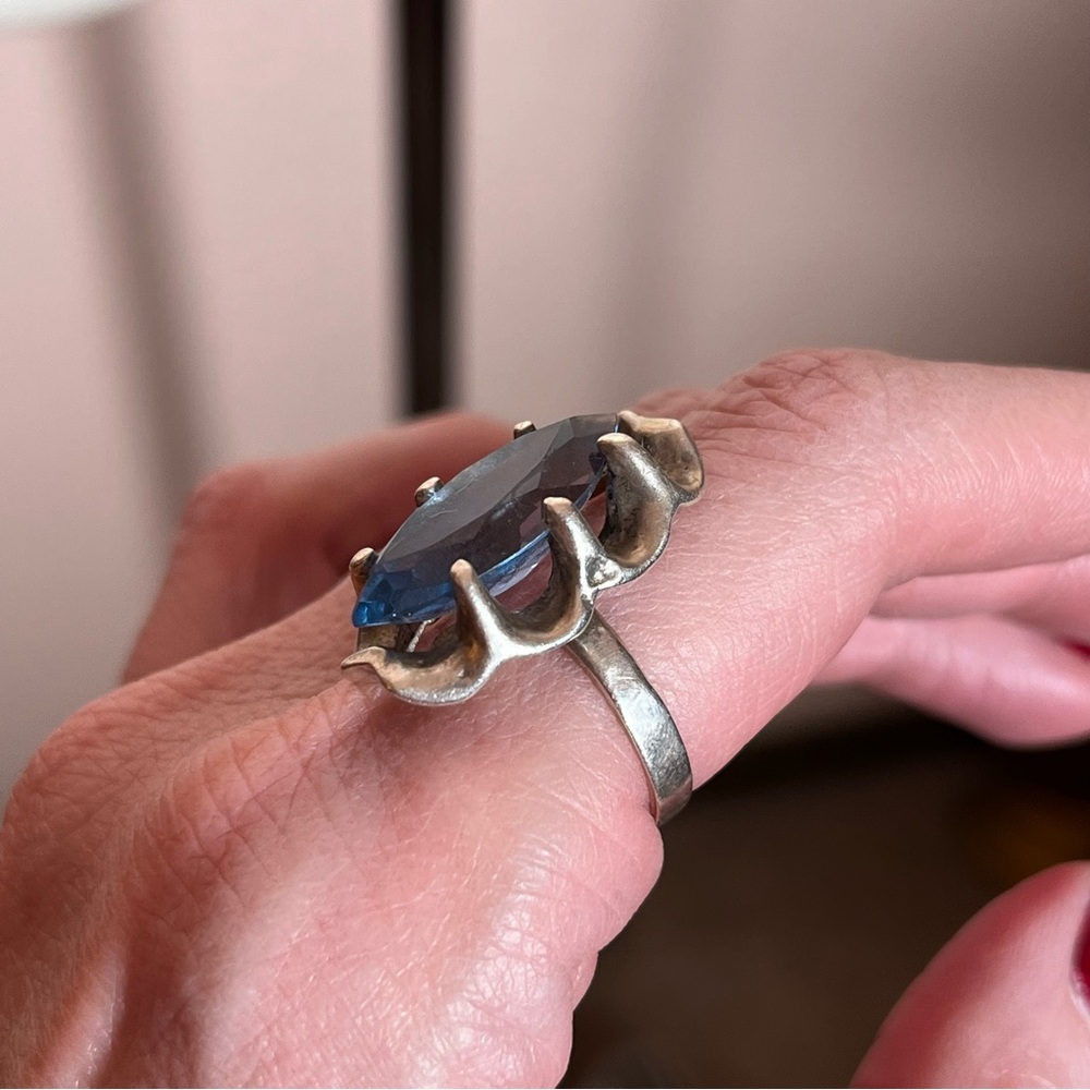 Antique art Deco Oversized Marquee Blue Topaz Brutalist Sterling Silver Ring - Picture 10 of 17